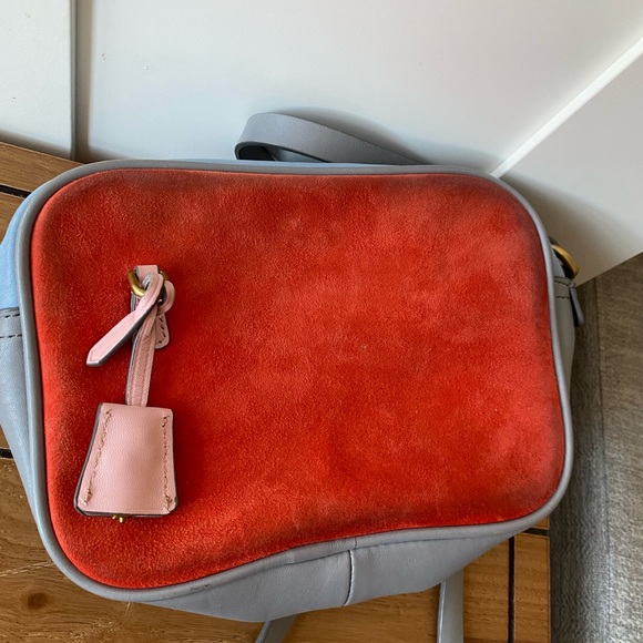 J. Crew Colorblock Crossbody Bag Blue Pink Suede Leather Small Gold Hardware - Picture 6 of 9